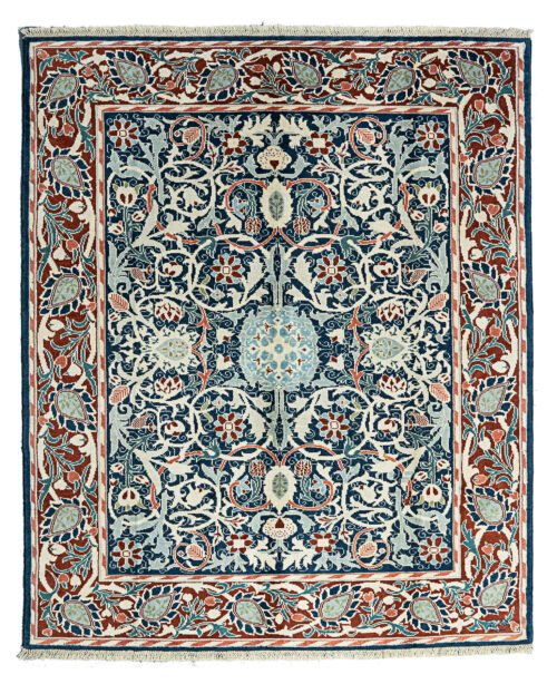 alt="Hand-knotted William Morris Holland Park carpet with blue background and red floral border" alt="Floral William Morris carpet design with red border and intricate flowers" alt="Handwoven Arts and Crafts carpet inspired by Holland Park design" alt="Morris-inspired rug with blue field, red border, and intricate floral motifs"