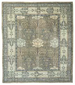 alt="Charles Voysey-inspired hand-knotted rug with large floral design and greyish field" alt="Floral Charles Voysey design handwoven carpet with expressive flowers and stems" alt="Soft grey carpet with Voysey floral motifs, hand-knotted from high-quality wool" alt="High-quality wool rug with natural dyes in Charles Voysey style featuring graceful flowers and stems"