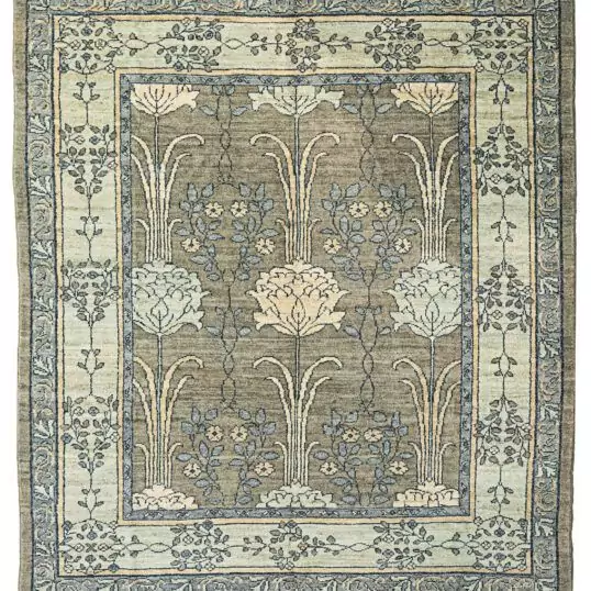 alt="Charles Voysey-inspired hand-knotted rug with large floral design and greyish field" alt="Floral Charles Voysey design handwoven carpet with expressive flowers and stems" alt="Soft grey carpet with Voysey floral motifs, hand-knotted from high-quality wool" alt="High-quality wool rug with natural dyes in Charles Voysey style featuring graceful flowers and stems"