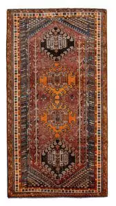 alt="Hand-knotted Qashqai rug with rich red background and four medallions" alt="Tribal Qashqai rug with intricate cream and orange borders" alt="Qashqai rug with blue-grey spandrels and stunning red hue" alt="Pre-owned Qashqai tribal rug featuring bold geometric designs and vibrant colors"
