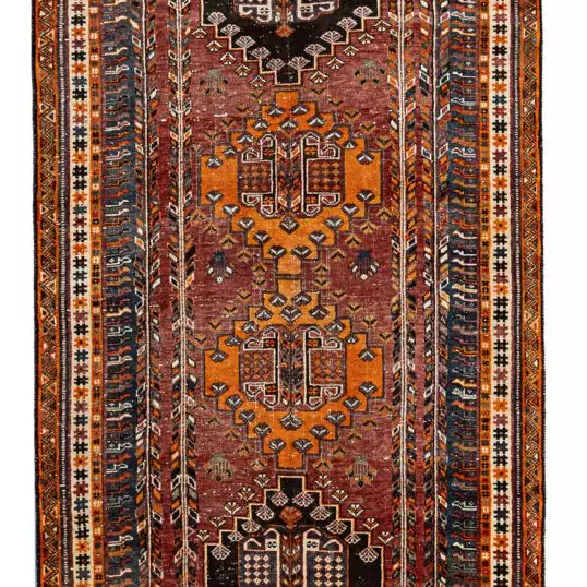 alt="Hand-knotted Qashqai rug with rich red background and four medallions" alt="Tribal Qashqai rug with intricate cream and orange borders" alt="Qashqai rug with blue-grey spandrels and stunning red hue" alt="Pre-owned Qashqai tribal rug featuring bold geometric designs and vibrant colors"