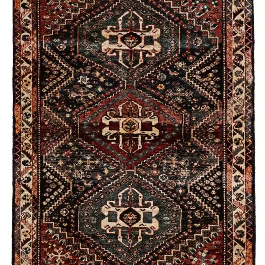alt="Hand-knotted Qashqai rug with geometric medallions and red background" alt="Tribal Persian rug featuring cream and orange borders with a red field" alt="Vintage Qashqai rug with wool construction and intricate geometric patterns" alt="Pre-owned Qashqai tribal rug with bold red, cream, and orange colors"