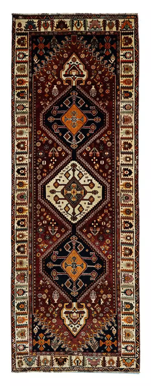 alt="Hand-knotted Qashqai tribal runner with scarab medallions and tribal motifs" alt="Burgundy Qashqai runner with cream floral border and tribal designs" alt="Qashqai runner with rich burgundy background and intricate tribal motifs" alt="Rare Qashqai runner featuring scarab medallions and nature-inspired border"