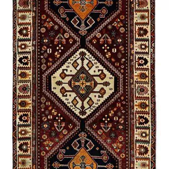 alt="Hand-knotted Qashqai tribal runner with scarab medallions and tribal motifs" alt="Burgundy Qashqai runner with cream floral border and tribal designs" alt="Qashqai runner with rich burgundy background and intricate tribal motifs" alt="Rare Qashqai runner featuring scarab medallions and nature-inspired border"