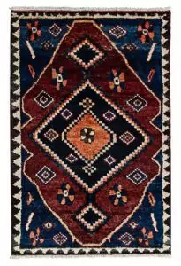 alt="Hand-knotted Bakhtiari Gabbeh rug with lozenge medallion and floral motifs" alt="Deep red Bakhtiari Gabbeh carpet with blue and orange lozenge design" alt="Persian Gabbeh rug with flower head medallion and intricate floral patterns" alt="Traditional Bakhtiari Gabbeh runner with jagged border and rich colors"