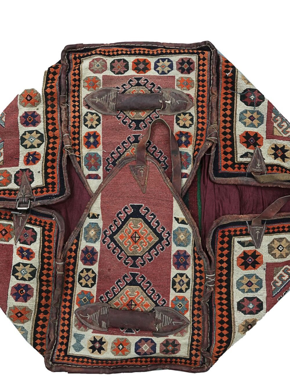 alt="Qashqai Mafrash with kilim panel and intact leather straps" alt="Antique Persian tribal storage chest with vibrant kilim weaving" alt="Vintage Qashqai Mafrash box with traditional tribal motifs" alt="Decorative kilim Mafrash with original leather handles from southern Iran"