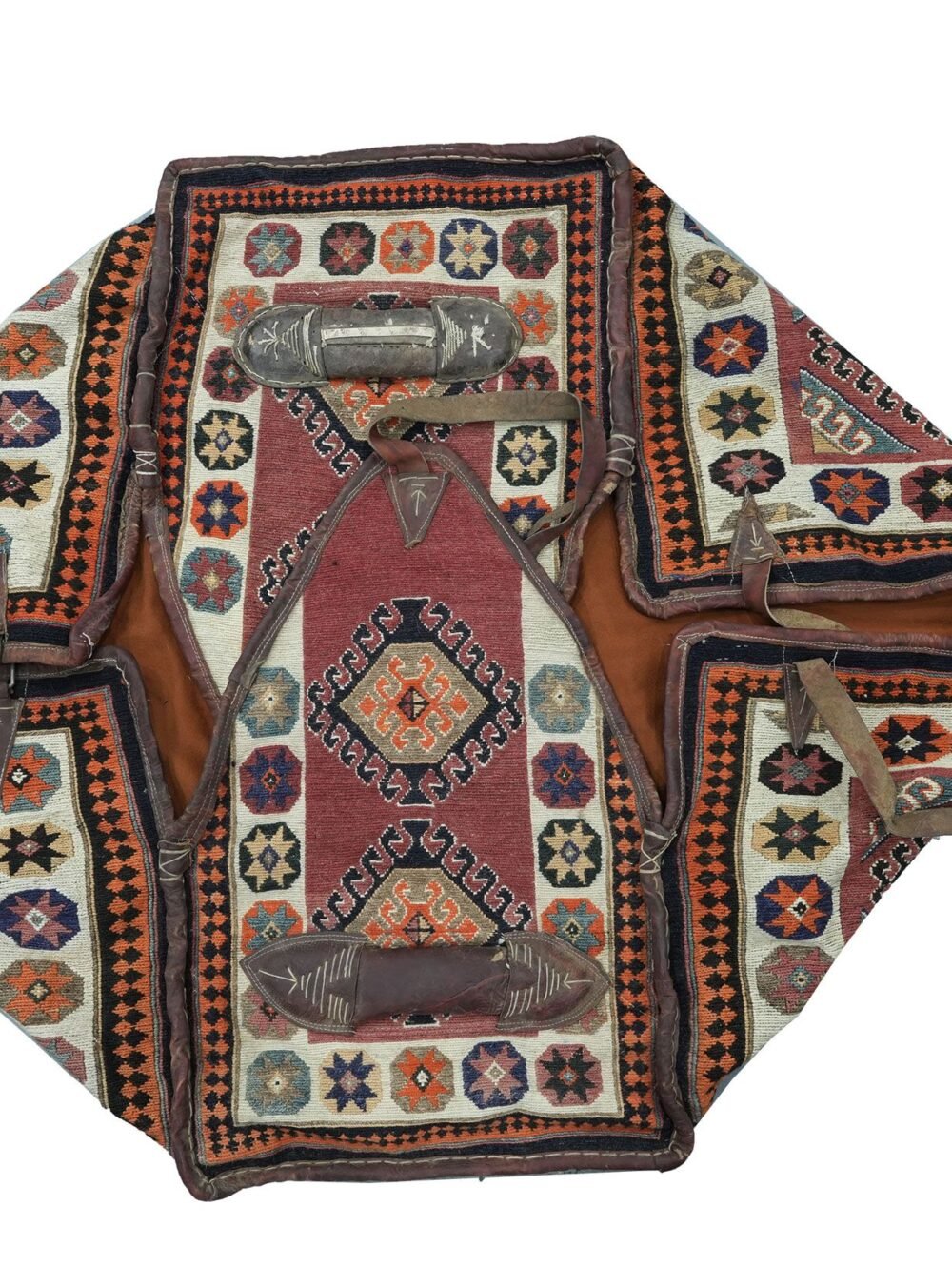 alt="Vintage Qashqai Mafrash with handwoven kilim and original leather straps" alt="Tribal storage chest from southern Iran with geometric kilim motifs" alt="Authentic Qashqai Mafrash used for bedding storage with decorative patterns" alt="Persian nomadic textile box featuring vibrant tribal weaving and leather handles"