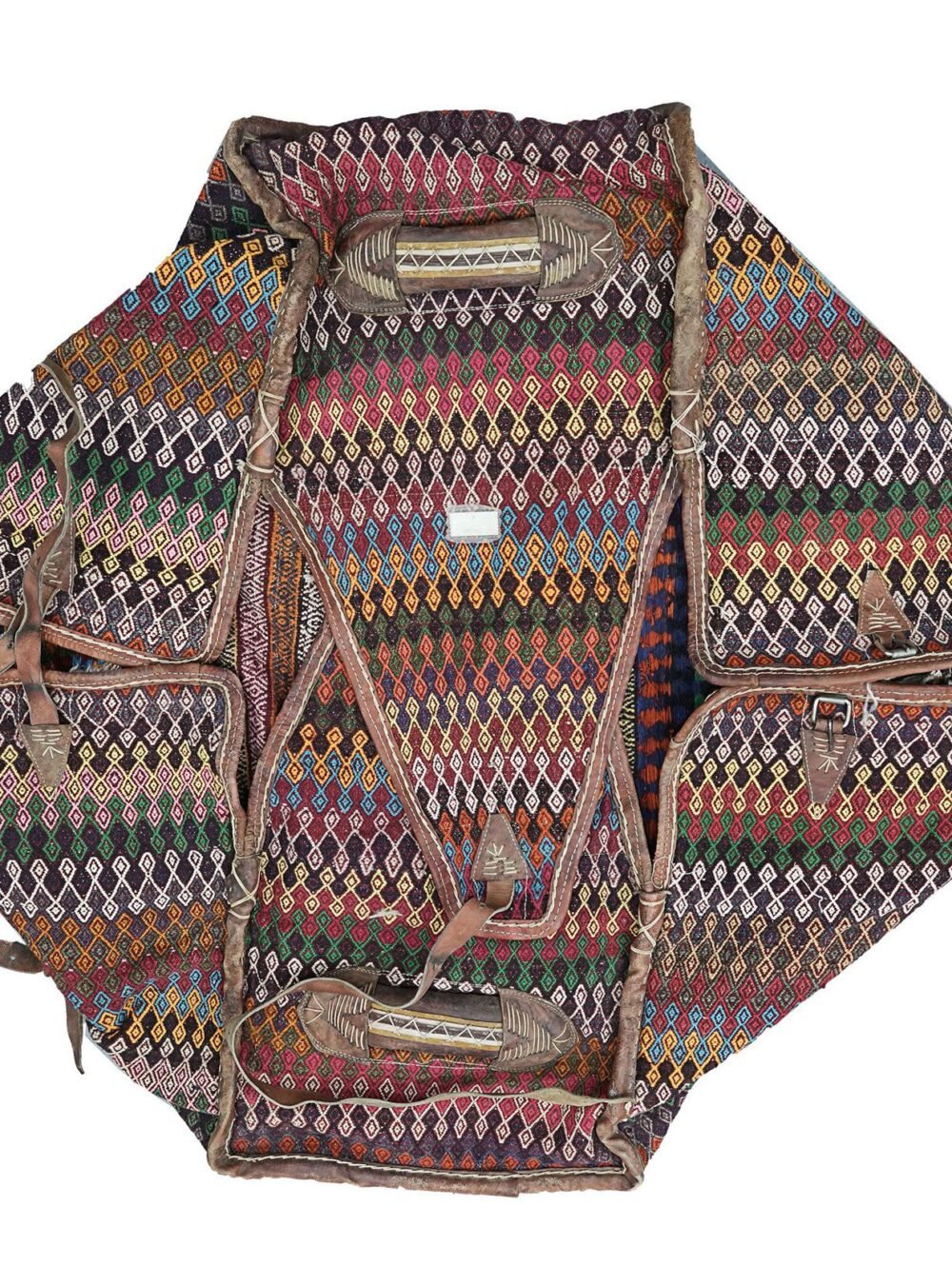 alt="Antique Qashqai Mafrash with kilim panels and leather straps" alt="Persian tribal storage chest with geometric kilim motifs" alt="Handwoven Qashqai bedding bag with vibrant tribal designs" alt="Qashqai Mafrash used as decorative storage trunk with original handles"