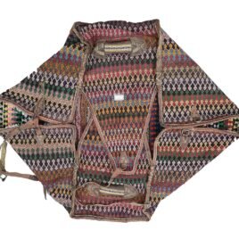 alt="Antique Qashqai Mafrash with kilim panels and leather straps" alt="Persian tribal storage chest with geometric kilim motifs" alt="Handwoven Qashqai bedding bag with vibrant tribal designs" alt="Qashqai Mafrash used as decorative storage trunk with original handles"