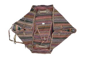 alt="Antique Qashqai Mafrash with kilim panels and leather straps" alt="Persian tribal storage chest with geometric kilim motifs" alt="Handwoven Qashqai bedding bag with vibrant tribal designs" alt="Qashqai Mafrash used as decorative storage trunk with original handles"