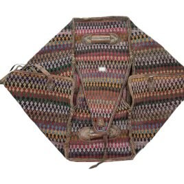 alt="Antique Qashqai Mafrash with colourful kilim panels and original leather straps" alt="Vintage Persian tribal bedding box with handwoven geometric motifs" alt="Decorative Qashqai Mafrash with intact handles and tribal kilim designs" alt="Nomadic Persian Mafrash storage chest with woven kilim sides and leather handles"