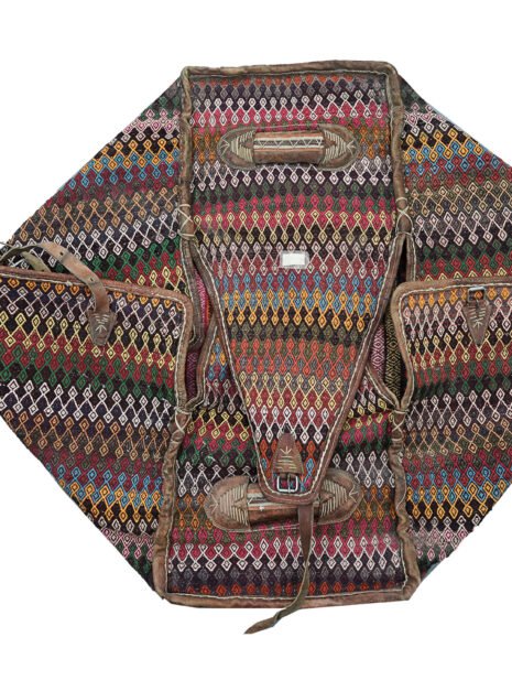 alt="Antique Qashqai Mafrash with colourful kilim panels and original leather straps" alt="Vintage Persian tribal bedding box with handwoven geometric motifs" alt="Decorative Qashqai Mafrash with intact handles and tribal kilim designs" alt="Nomadic Persian Mafrash storage chest with woven kilim sides and leather handles"