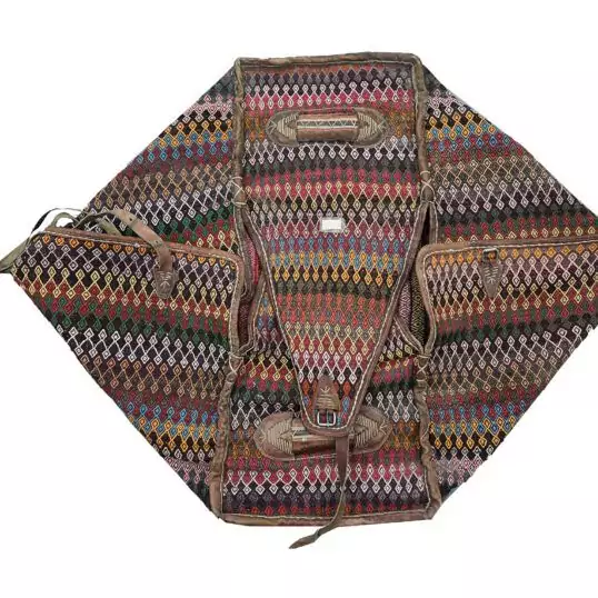 alt="Antique Qashqai Mafrash with colourful kilim panels and original leather straps" alt="Vintage Persian tribal bedding box with handwoven geometric motifs" alt="Decorative Qashqai Mafrash with intact handles and tribal kilim designs" alt="Nomadic Persian Mafrash storage chest with woven kilim sides and leather handles"