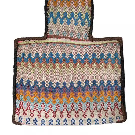 alt="Qashqai salt bag with Suzani weave in red, blue, brown, and orange" alt="Handwoven Persian tribal bag with intricate patterns and dual-sided design" alt="Vintage nomadic salt bag from Iran with colorful traditional motifs" alt="Qashqai Namakdan textile featuring bold Suzani-style embroidery"