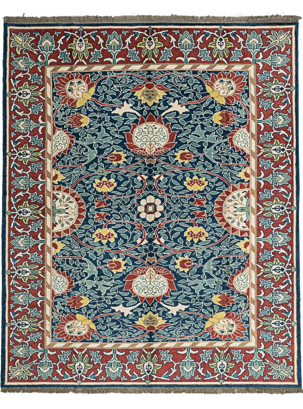 alt="Hand-knotted William Morris Holland Park carpet with vibrant floral motifs and deep red background" alt="Arts and Crafts rug with floral design, inspired by William Morris" alt="Handmade William Morris rug featuring large flower heads and flowing stems" alt="William Morris-inspired floral rug with red background and intricate details"