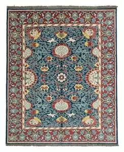 alt="Hand-knotted William Morris Holland Park carpet with vibrant floral motifs and deep red background" alt="Arts and Crafts rug with floral design, inspired by William Morris" alt="Handmade William Morris rug featuring large flower heads and flowing stems" alt="William Morris-inspired floral rug with red background and intricate details"