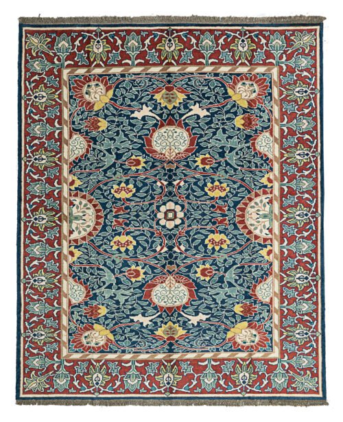 alt="Hand-knotted William Morris Holland Park carpet with vibrant floral motifs and deep red background" alt="Arts and Crafts rug with floral design, inspired by William Morris" alt="Handmade William Morris rug featuring large flower heads and flowing stems" alt="William Morris-inspired floral rug with red background and intricate details"