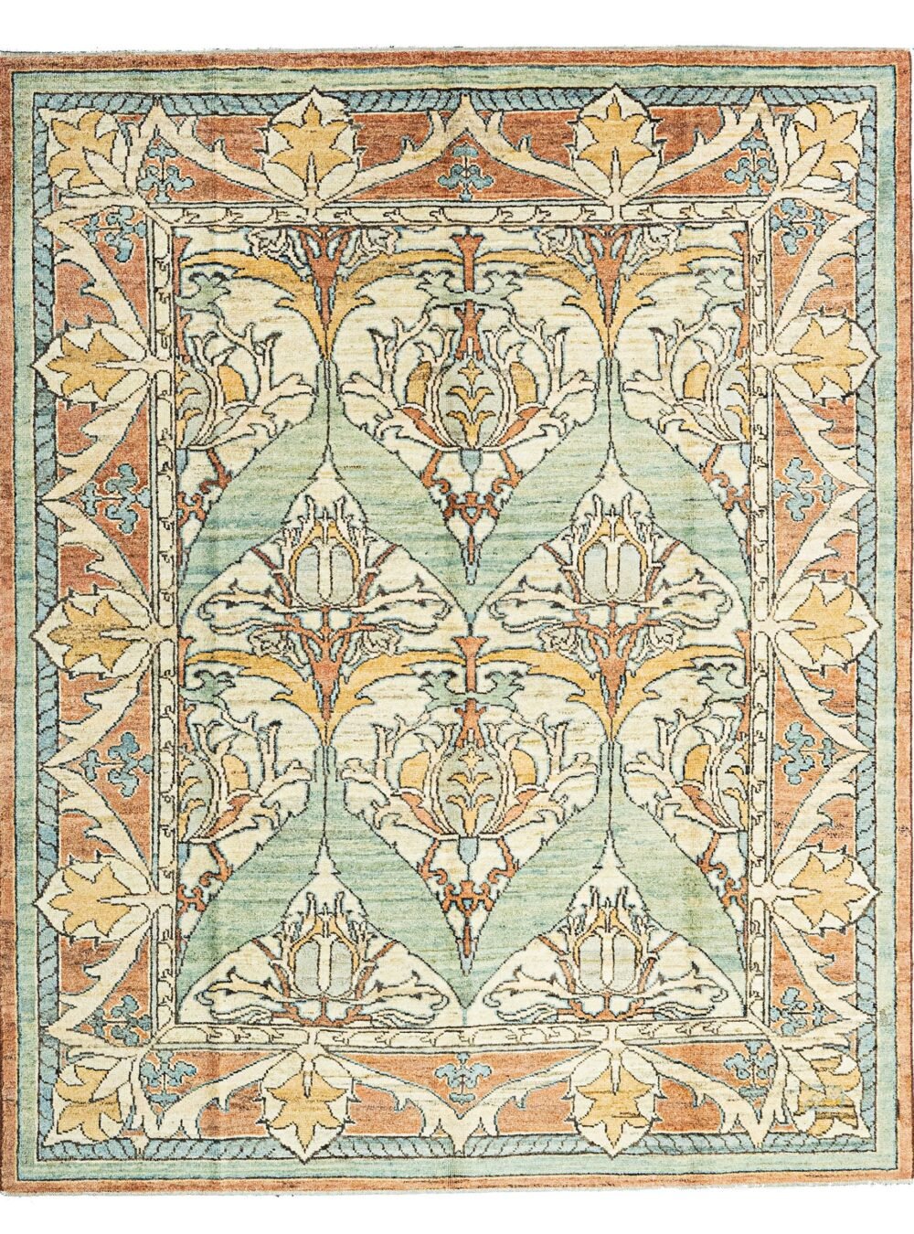 13589-Voisey---304x246---001 Hand-Knotted Voysey-Inspired Rug in Premium Wool, Natural Dyes, Floral Motifs, Pale Green Background.