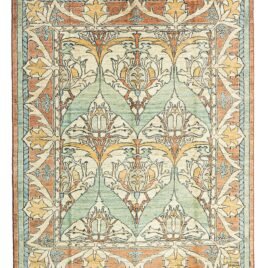 Hand-Knotted Voysey-Inspired Rug in Premium Wool, Natural Dyes, Floral Motifs, Pale Green Background.