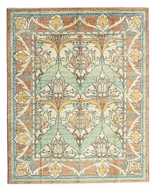 Hand-Knotted Voysey-Inspired Rug in Premium Wool, Natural Dyes, Floral Motifs, Pale Green Background.