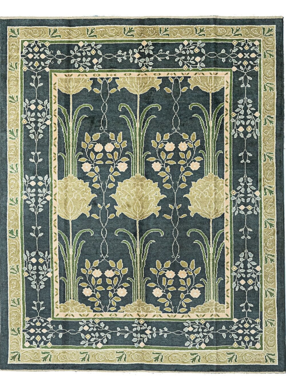 Hand-Knotted Voysey-Inspired Rug with Two-Tone Green Background, Floral Motifs, and Natural Dyes.