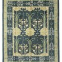 Hand-Knotted Voysey-Inspired Rug with Two-Tone Green Background, Floral Motifs, and Natural Dyes.