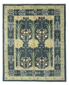 Hand-Knotted Voysey-Inspired Rug with Two-Tone Green Background, Floral Motifs, and Natural Dyes.