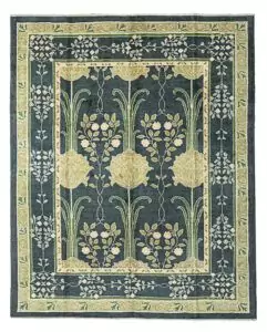 Hand-Knotted Voysey-Inspired Rug with Two-Tone Green Background, Floral Motifs, and Natural Dyes.