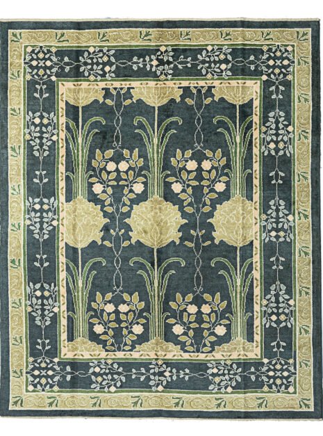 Hand-Knotted Voysey-Inspired Rug with Two-Tone Green Background, Floral Motifs, and Natural Dyes.