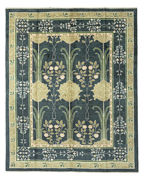 Hand-Knotted Voysey-Inspired Rug with Two-Tone Green Background, Floral Motifs, and Natural Dyes.