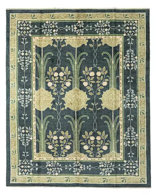 Hand-Knotted Voysey-Inspired Rug with Two-Tone Green Background, Floral Motifs, and Natural Dyes.