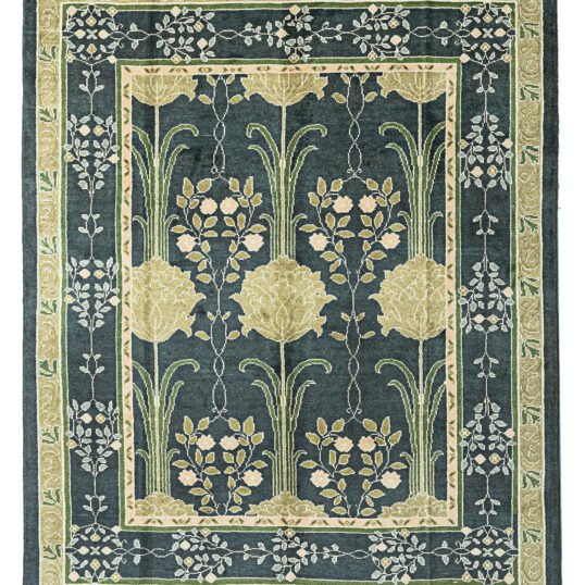 Hand-Knotted Voysey-Inspired Rug with Two-Tone Green Background, Floral Motifs, and Natural Dyes.