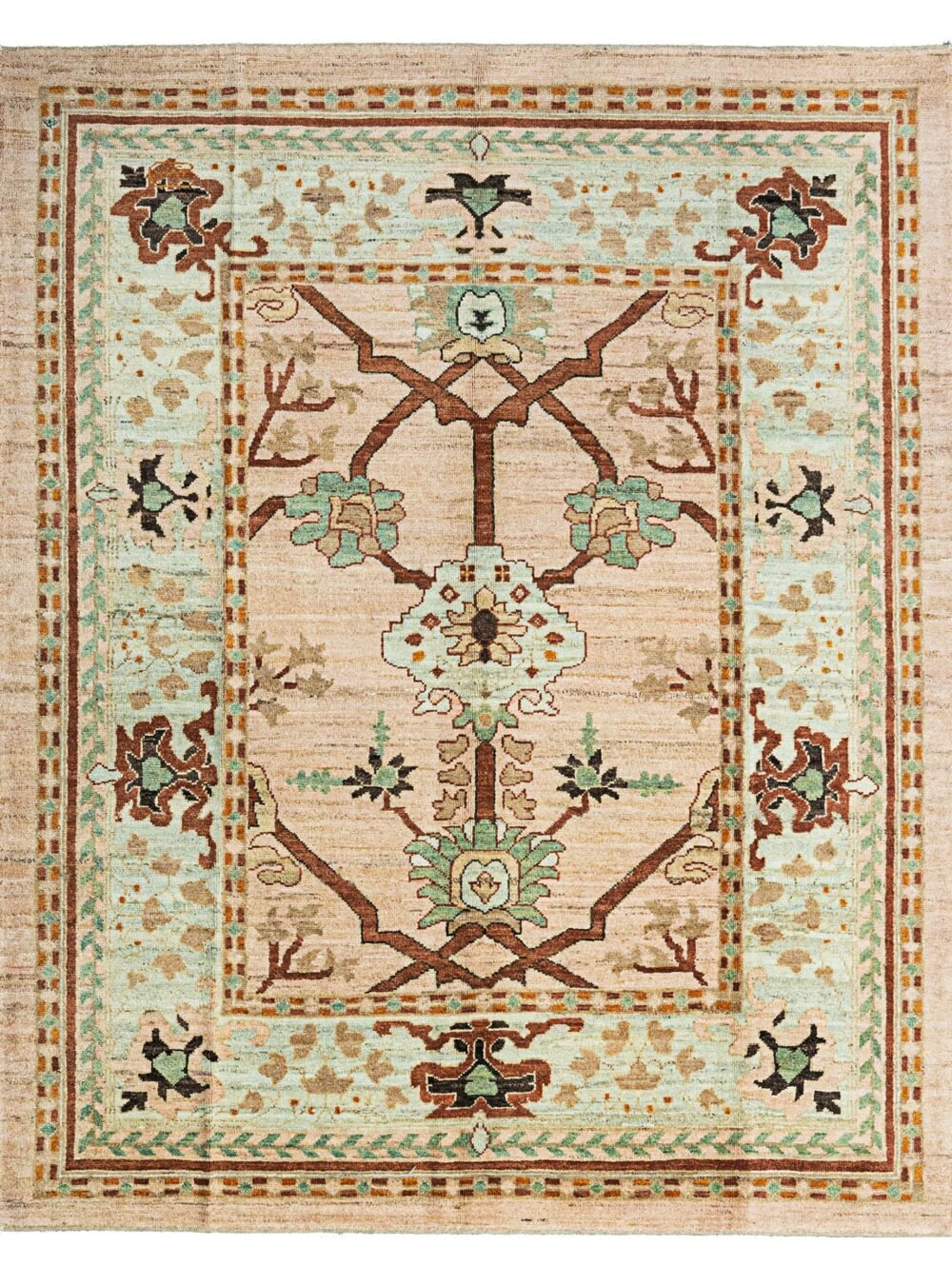 alt="Handwoven Ushak carpet with peach background and aqua green border" alt="Donegal-inspired carpet with stylized floral motifs and dark brown branches" alt="Ushak rug featuring asymmetrical floral design and natural-dyed wool" alt="Peach and aqua Ushak carpet with intricate flowers and multiple guard borders"