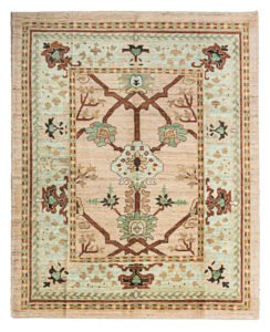 alt="Handwoven Ushak carpet with peach background and aqua green border" alt="Donegal-inspired carpet with stylized floral motifs and dark brown branches" alt="Ushak rug featuring asymmetrical floral design and natural-dyed wool" alt="Peach and aqua Ushak carpet with intricate flowers and multiple guard borders"