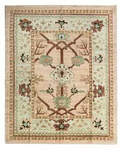 alt="Handwoven Ushak carpet with peach background and aqua green border" alt="Donegal-inspired carpet with stylized floral motifs and dark brown branches" alt="Ushak rug featuring asymmetrical floral design and natural-dyed wool" alt="Peach and aqua Ushak carpet with intricate flowers and multiple guard borders"