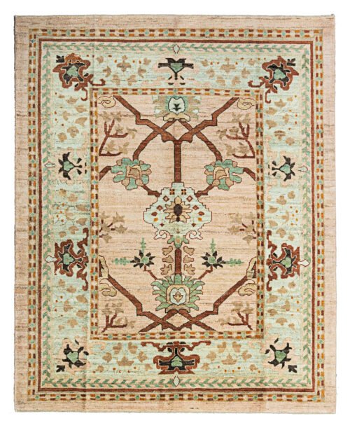 alt="Handwoven Ushak carpet with peach background and aqua green border" alt="Donegal-inspired carpet with stylized floral motifs and dark brown branches" alt="Ushak rug featuring asymmetrical floral design and natural-dyed wool" alt="Peach and aqua Ushak carpet with intricate flowers and multiple guard borders"