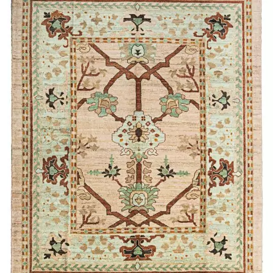 alt="Handwoven Ushak carpet with peach background and aqua green border" alt="Donegal-inspired carpet with stylized floral motifs and dark brown branches" alt="Ushak rug featuring asymmetrical floral design and natural-dyed wool" alt="Peach and aqua Ushak carpet with intricate flowers and multiple guard borders"