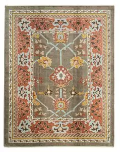 alt="Ushak carpet with taupe background, light blue floral design, and red border" alt="Hand-knotted wool rug with Donegal-inspired asymmetry and botanical motifs" alt="Taupe and red Ushak rug with flowing flower heads and natural dye palette" alt="Artisan-crafted carpet with floral Donegal design in soft and bold tones"