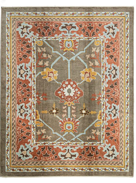 alt="Ushak carpet with taupe background, light blue floral design, and red border" alt="Hand-knotted wool rug with Donegal-inspired asymmetry and botanical motifs" alt="Taupe and red Ushak rug with flowing flower heads and natural dye palette" alt="Artisan-crafted carpet with floral Donegal design in soft and bold tones"