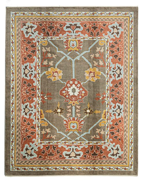 alt="Ushak carpet with taupe background, light blue floral design, and red border" alt="Hand-knotted wool rug with Donegal-inspired asymmetry and botanical motifs" alt="Taupe and red Ushak rug with flowing flower heads and natural dye palette" alt="Artisan-crafted carpet with floral Donegal design in soft and bold tones"