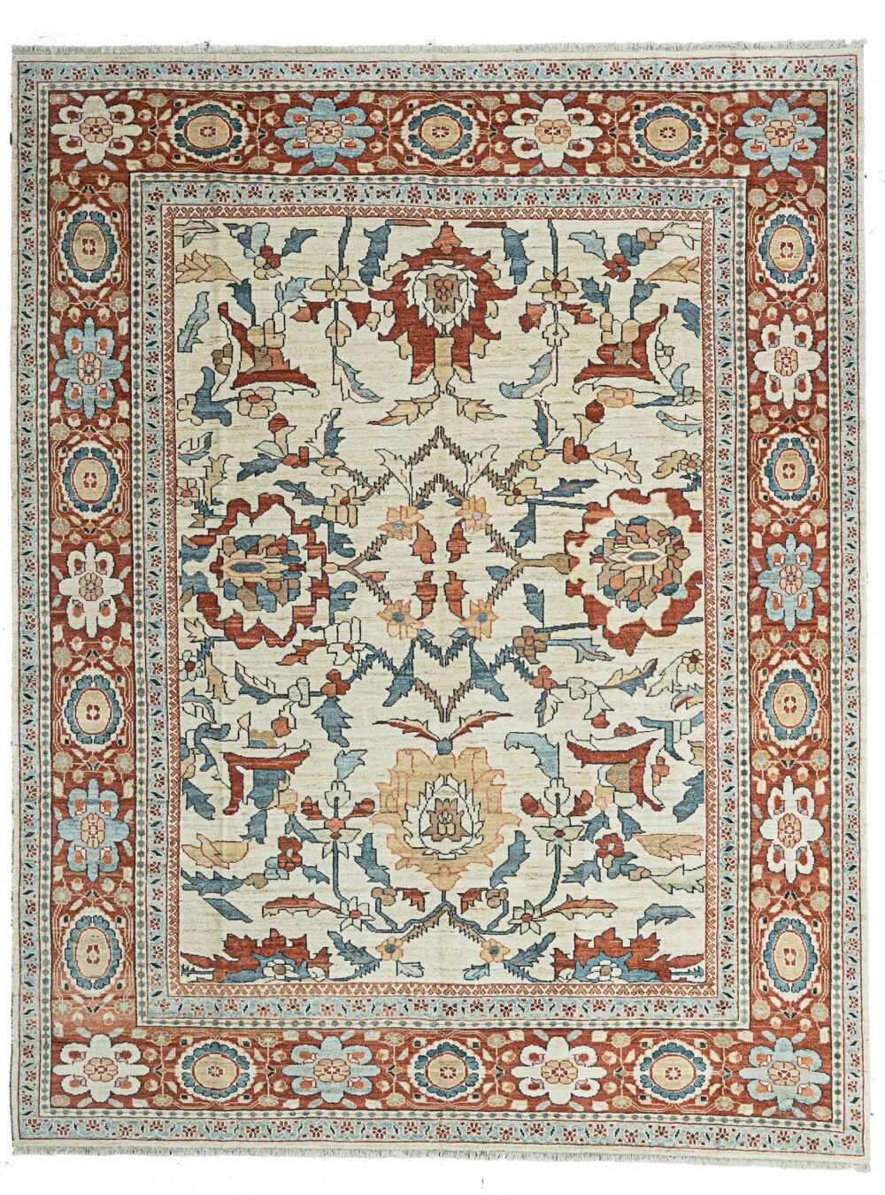 alt="Sultanabad carpet with cream field and large floral medallions in blue and red" alt="Handwoven Sultanabad rug with red border and light blue guard borders" alt="Traditional Persian carpet with stylized flower heads and natural dye colors" alt="Cream background Sultanabad carpet with handspun wool and floral design"