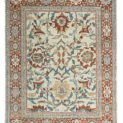 alt="Sultanabad carpet with cream field and large floral medallions in blue and red" alt="Handwoven Sultanabad rug with red border and light blue guard borders" alt="Traditional Persian carpet with stylized flower heads and natural dye colors" alt="Cream background Sultanabad carpet with handspun wool and floral design"