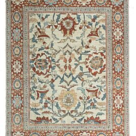 alt="Sultanabad carpet with cream field and large floral medallions in blue and red" alt="Handwoven Sultanabad rug with red border and light blue guard borders" alt="Traditional Persian carpet with stylized flower heads and natural dye colors" alt="Cream background Sultanabad carpet with handspun wool and floral design"