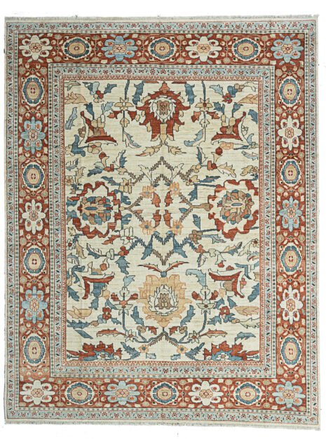 alt="Sultanabad carpet with cream field and large floral medallions in blue and red" alt="Handwoven Sultanabad rug with red border and light blue guard borders" alt="Traditional Persian carpet with stylized flower heads and natural dye colors" alt="Cream background Sultanabad carpet with handspun wool and floral design"