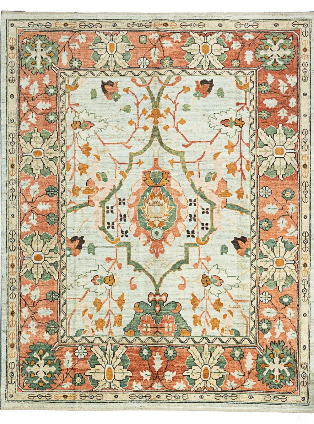 alt="Handwoven Ushak carpet with aqua green field and red border" alt="Donegal-inspired carpet with stylized flowers and green branches" alt="Aqua and red Ushak rug with asymmetrical floral design" alt="Handspun wool Ushak carpet using natural dyes in traditional style"