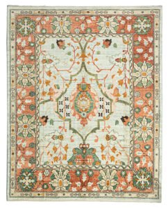 alt="Handwoven Ushak carpet with aqua green field and red border" alt="Donegal-inspired carpet with stylized flowers and green branches" alt="Aqua and red Ushak rug with asymmetrical floral design" alt="Handspun wool Ushak carpet using natural dyes in traditional style"