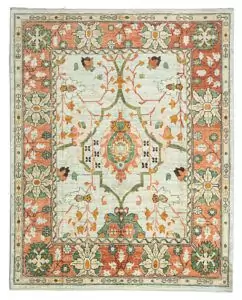 alt="Handwoven Ushak carpet with aqua green field and red border" alt="Donegal-inspired carpet with stylized flowers and green branches" alt="Aqua and red Ushak rug with asymmetrical floral design" alt="Handspun wool Ushak carpet using natural dyes in traditional style"