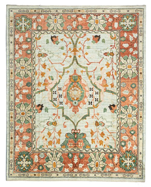 alt="Handwoven Ushak carpet with aqua green field and red border" alt="Donegal-inspired carpet with stylized flowers and green branches" alt="Aqua and red Ushak rug with asymmetrical floral design" alt="Handspun wool Ushak carpet using natural dyes in traditional style"