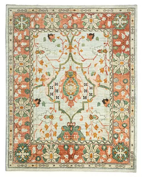 alt="Handwoven Ushak carpet with aqua green field and red border" alt="Donegal-inspired carpet with stylized flowers and green branches" alt="Aqua and red Ushak rug with asymmetrical floral design" alt="Handspun wool Ushak carpet using natural dyes in traditional style"