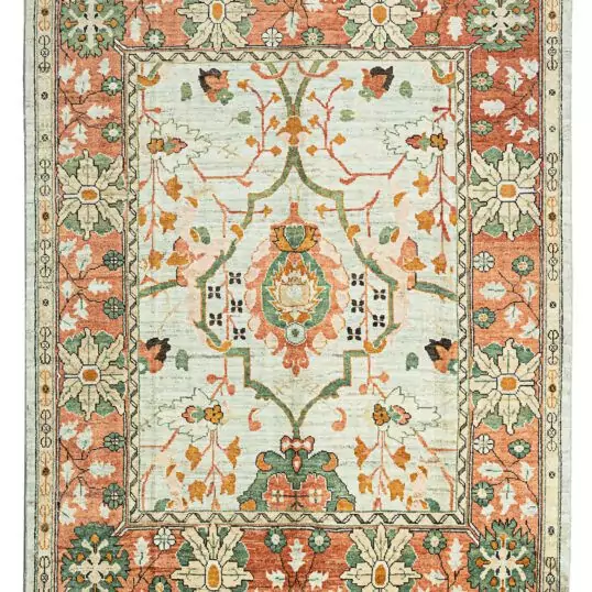 alt="Handwoven Ushak carpet with aqua green field and red border" alt="Donegal-inspired carpet with stylized flowers and green branches" alt="Aqua and red Ushak rug with asymmetrical floral design" alt="Handspun wool Ushak carpet using natural dyes in traditional style"